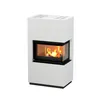 A white modern fireplace with a glass front showing a fire. Produktbild-Vorschau
