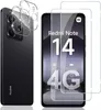 A black smartphone with a camera lens protector and two screen protectors in front of it. The phone screen displays marketing information for the 'Redmi Note 14 4G'. Produktbild-Vorschau