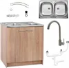 A kitchen cabinet with a double sink, faucet, and plumbing accessories, laid out against a white background. Anteprima dell’immagine prodotto