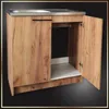 A kitchen cabinet with a sink and faucet, made of wood-look material, with its doors open. Podgląd zdjęcia produktu