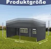 A gray pop-up gazebo is shown in an outdoor setting on a grassy field, with dimensions indicated by white lines and text. Voir les images du produit