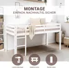 A white loft bed with a mattress and pillows, set up in a room with shelves and baskets. Produktbild-Vorschau