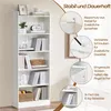 A white bookshelf with various items on its shelves, accompanied by circular insets highlighting product features and text in German. Produktbild-Vorschau