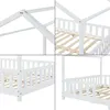 Collage of four close-up images of a white wooden house-shaped bed frame, showing construction details and slatted base. Náhled obrázku produktu