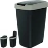 A black trash can with a light brown rim and lid, shown in a studio setting with a white background. Two smaller views of the trash can are shown on the left, one with the lid closed and one with the lid open. Podgląd zdjęcia produktu