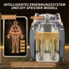 A marketing image showing a massage chair with a digital display illustrating body scanning and measurement features. Produktbild-Vorschau