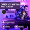 A young man wearing headphones is playing a video game at a desk, with various icons and text overlays highlighting the desk's features. Voir les images du produit