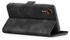 A black flip case for a smartphone is shown from a side angle, with the front cover open. Produktbild-Vorschau