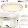 A collage of images showing a modern LED ceiling light with a crystal-like design, demonstrating different color temperatures and a remote control. Produktbild-Vorschau