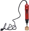 A red electric capping machine with a black cord and plug, set against a white background. The machine is shown from a side angle, with its capping head at the bottom. Voir les images du produit