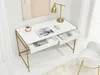 A white desk with gold legs, featuring open drawers, a lamp, and a coffee cup. Anteprima dell’immagine prodotto