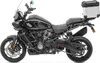 A black motorcycle with a silver top case is shown from the side against a white background. Produktbild-Vorschau