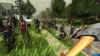 A group of zombies are walking down a suburban street, with a first-person perspective of someone holding an axe. Produktbild-Vorschau