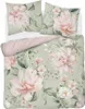 A flat lay of a duvet cover and pillowcases with a floral pattern.