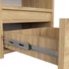 A close-up view of a wooden drawer with metal drawer slides. Produktbild-Vorschau