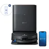 A robot vacuum cleaner and its charging station are displayed against a white background, alongside a smartphone showing the brand's app and a bottle of cleaning solution. Produktbild-Vorschau