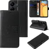 A collage of images showing a black floral patterned flip phone case from different angles, including its interior card slots and stand function. Produktbild-Vorschau