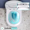 A toilet bowl with water swirling inside, illustrating a powerful flush. A close-up inset shows the hinge mechanism of the toilet seat. Náhled obrázku produktu