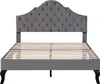 A grey upholstered bed frame with a tufted headboard and wooden slats is shown against a white background. Produktbild-Vorschau
