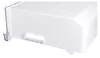A white plastic drawer for a refrigerator or freezer, viewed from the side and slightly from the front. Produktbild-Vorschau