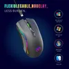 A gaming mouse with RGB lighting is shown, with text and compatibility icons on a dark blue background. Produktbild-Vorschau