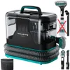 A collage of a portable carpet cleaner and its accessories, including cleaning heads and a bottle of cleaning solution with a cross mark. Produktbild-Vorschau