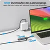 A USB-C hub is shown connected to a laptop, with a power adapter and cable also depicted, illustrating the charging process. Produktbild-Vorschau