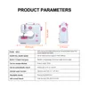 Product parameters for a sewing machine, including dimensions and features. Produktbild-Vorschau
