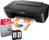 A black Canon Pixma printer is shown with printed documents coming out, and ink cartridges next to it. Produktbild-Vorschau