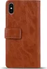 A brown leather wallet case for a smartphone, shown closed. Produktbild-Vorschau