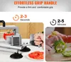 A split image showing a commercial tomato slicer on the left and a person slicing a bell pepper on the right, with marketing text overlay. Podgląd zdjęcia produktu