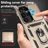A hand holding a gold phone case with a sliding camera cover and a ring holder. Produktbild-Vorschau