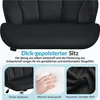 Close-up of a black chair seat with descriptive text and inset images highlighting features. Produktbild-Vorschau