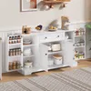 A white kitchen sideboard with drawers and shelves, filled with various kitchen items and food products. Voir les images du produit