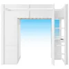 A white loft bed with a desk and wardrobe is shown against a white and light blue gradient background. Produktbild-Vorschau