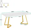 A diagram showing the dimensions of a white and gold dining table, with a silhouette of a person for scale. Produktbild-Vorschau