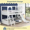 A white bunk bed with a slide and ladder, set against a blue wall and a window view. Anteprima dell’immagine prodotto