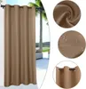 A collage showing an outdoor curtain, a close-up of the fabric texture, a close-up of water droplets on the fabric, and a close-up of the curtain's grommets. Náhled obrázku produktu