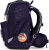 A side view of a dark blue children's backpack with white polka dots and pink accents. Produktbild-Vorschau