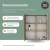 A marketing image for a bathroom cabinet, showing its features and interior. Produktbild-Vorschau