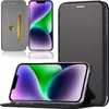 A product image showing a black flip phone case for an iPhone 14, with a card slot and stand function, displayed from multiple angles. Produktbild-Vorschau