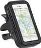 A black smartphone holder with a smartphone displaying a map, mounted on a clamp. Voir les images du produit
