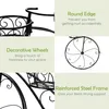 A collage of images showcasing different features of a black metal bicycle-shaped plant stand. Produktbild-Vorschau