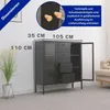 A black metal highboard with glass doors and drawers, shown in a room setting with dimensions indicated. Produktbild-Vorschau