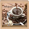 A wooden framed piggy bank with a picture of coffee beans, a cup of coffee being poured, and coins. Produktbild-Vorschau