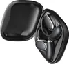 A pair of black wireless earbuds with silver accents are shown inside their open black charging case. Podgląd zdjęcia produktu