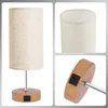 A collage of images showing a bedside lamp with a fabric shade and a wooden base, highlighting its USB charging ports. Produktbild-Vorschau