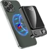 A wireless power bank is shown magnetically attached to the back of a smartphone, with a visual representation of magnetic charging. Produktbild-Vorschau