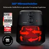 A black Medion air fryer is shown with red arrows indicating heat circulation. Several awards and certifications are displayed to the left of the product. Produktbild-Vorschau