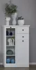 A white cabinet with glass doors and drawers, decorated with various vases and plants. Produktbild-Vorschau